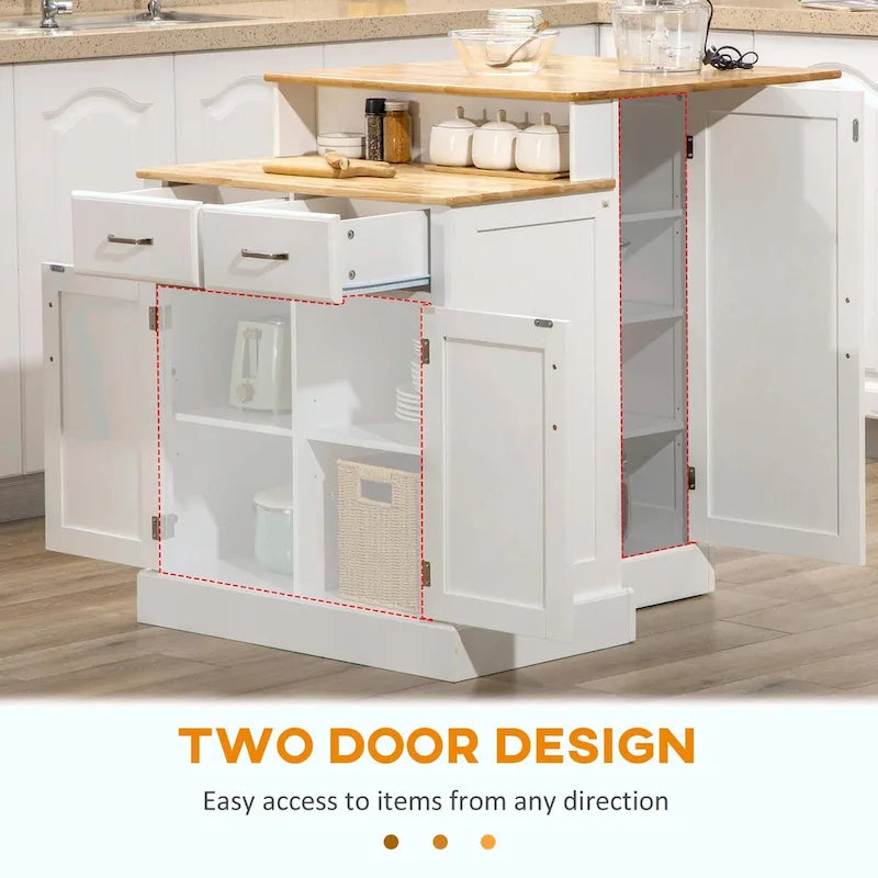 Isola da cucina con mobile contenitore, piano in legno di gomma a 2 livelli, ripiani regolabili e cassetti