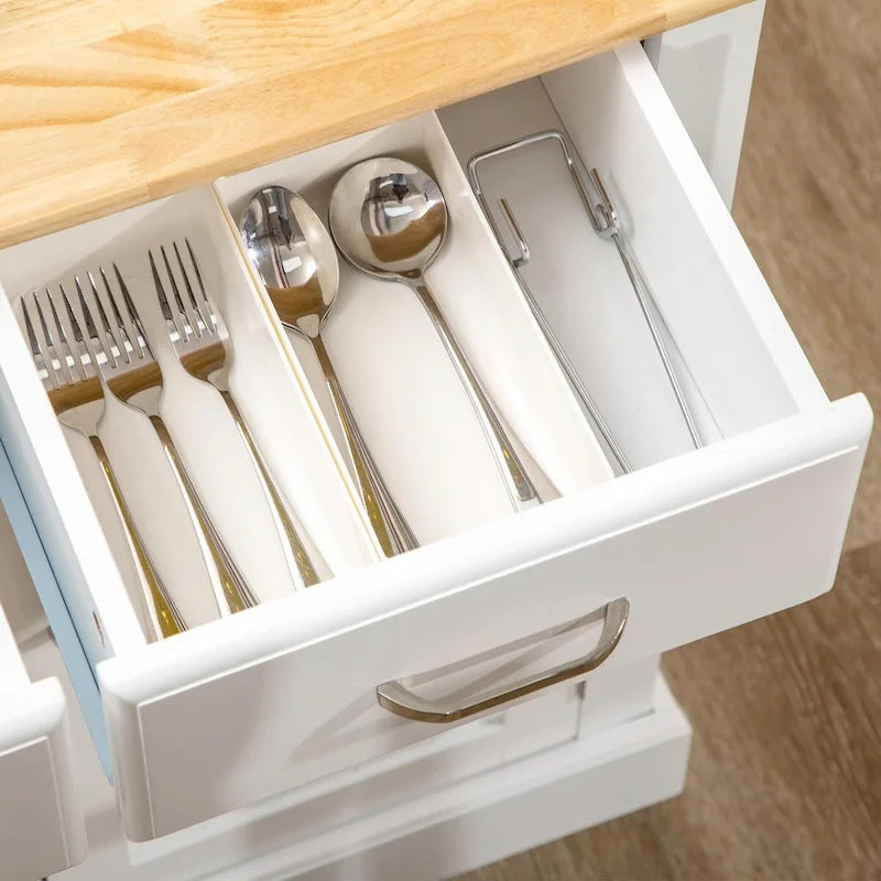 Isola da cucina con mobile contenitore, piano in legno di gomma a 2 livelli, ripiani regolabili e cassetti