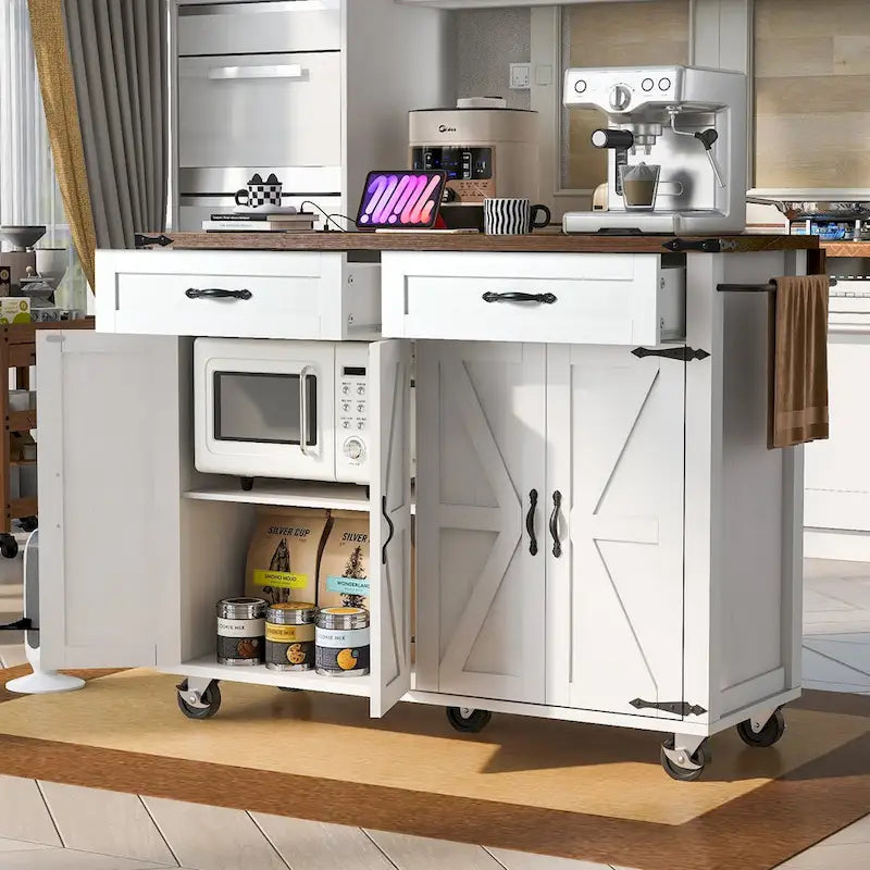 53.5 Küchenwagen im Landhausstil mit Steckdose, klappbarer Tischplatte, Gewürzregal, 2 Schubladen und 5 Rollen
