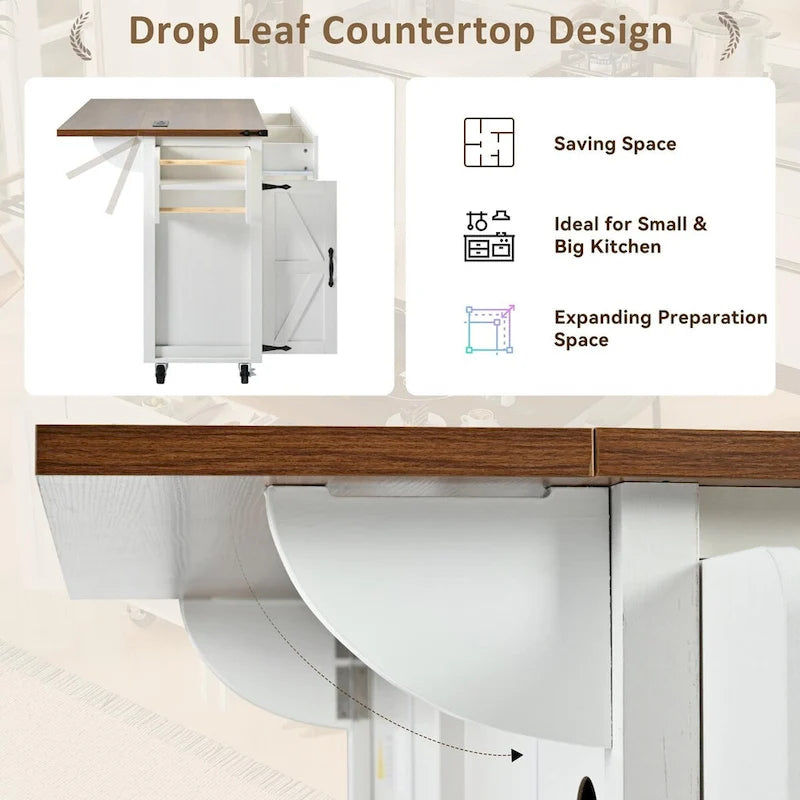 53.5 Küchenwagen im Landhausstil mit Steckdose, klappbarer Tischplatte, Gewürzregal, 2 Schubladen und 5 Rollen