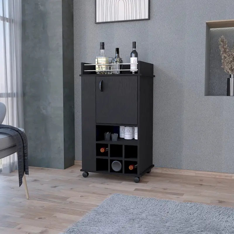Barschrank mit 1 Tür, Weinregal und Rollen, Schwarz