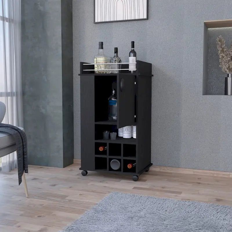 Barschrank mit 1 Tür, Weinregal und Rollen, Schwarz