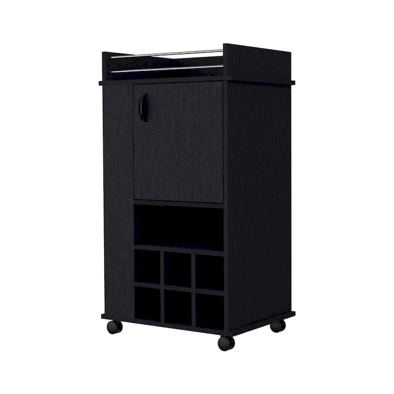 Barschrank mit 1 Tür, Weinregal und Rollen, Schwarz