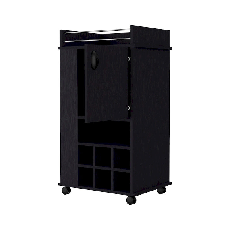 Barschrank mit 1 Tür, Weinregal und Rollen, Schwarz