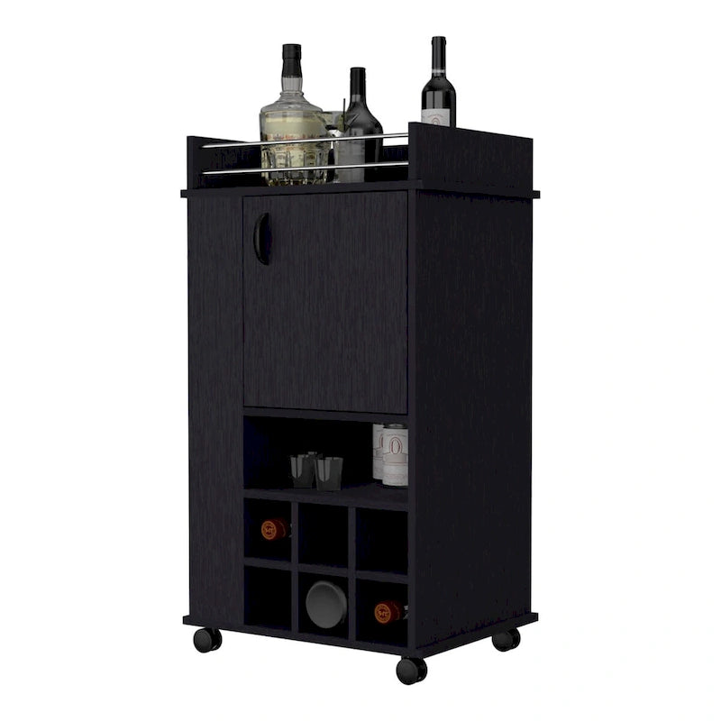 Barschrank mit 1 Tür, Weinregal und Rollen, Schwarz