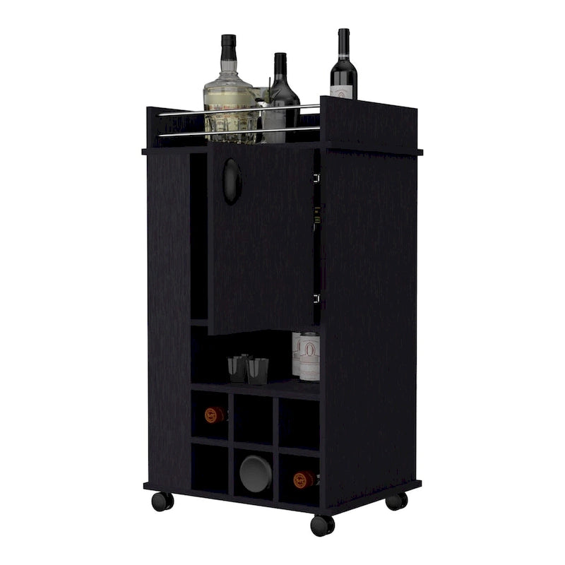 Barschrank mit 1 Tür, Weinregal und Rollen, Schwarz