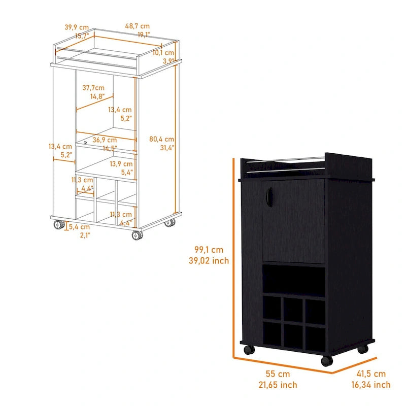 Barschrank mit 1 Tür, Weinregal und Rollen, Schwarz