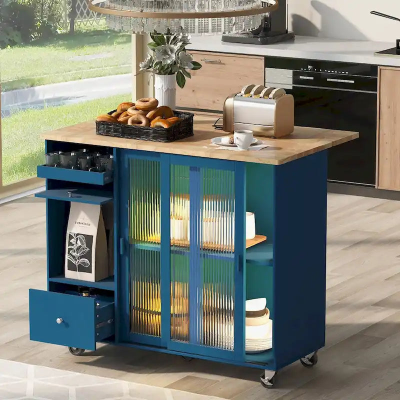 Carrello isola da cucina con piano a ribalta, illuminazione LED e ante in vetro scanalato su ruote