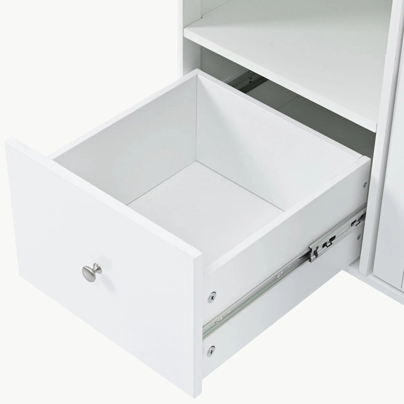 Carrello isola da cucina con piano a ribalta, illuminazione LED e ante in vetro scanalato su ruote