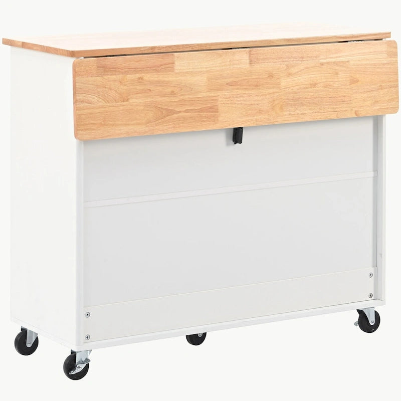 Carrello isola da cucina con piano a ribalta, illuminazione LED e ante in vetro scanalato su ruote