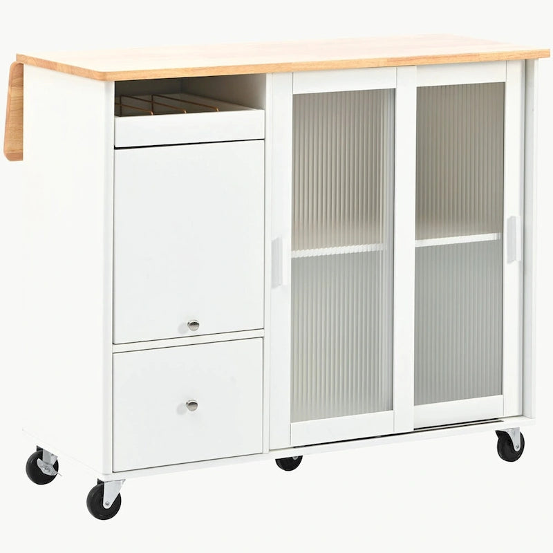 Carrello isola da cucina con piano a ribalta, illuminazione LED e ante in vetro scanalato su ruote