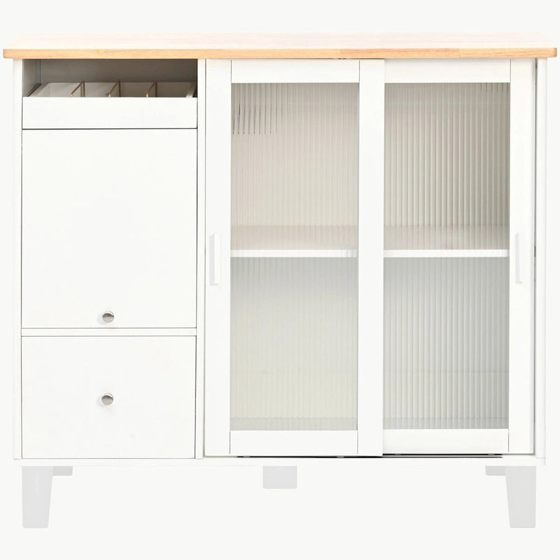 Carrello isola da cucina con piano a ribalta, illuminazione LED e ante in vetro scanalato su ruote