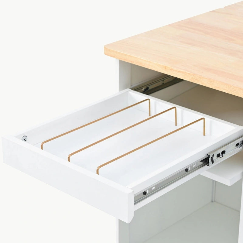 Carrello isola da cucina con piano a ribalta, illuminazione LED e ante in vetro scanalato su ruote