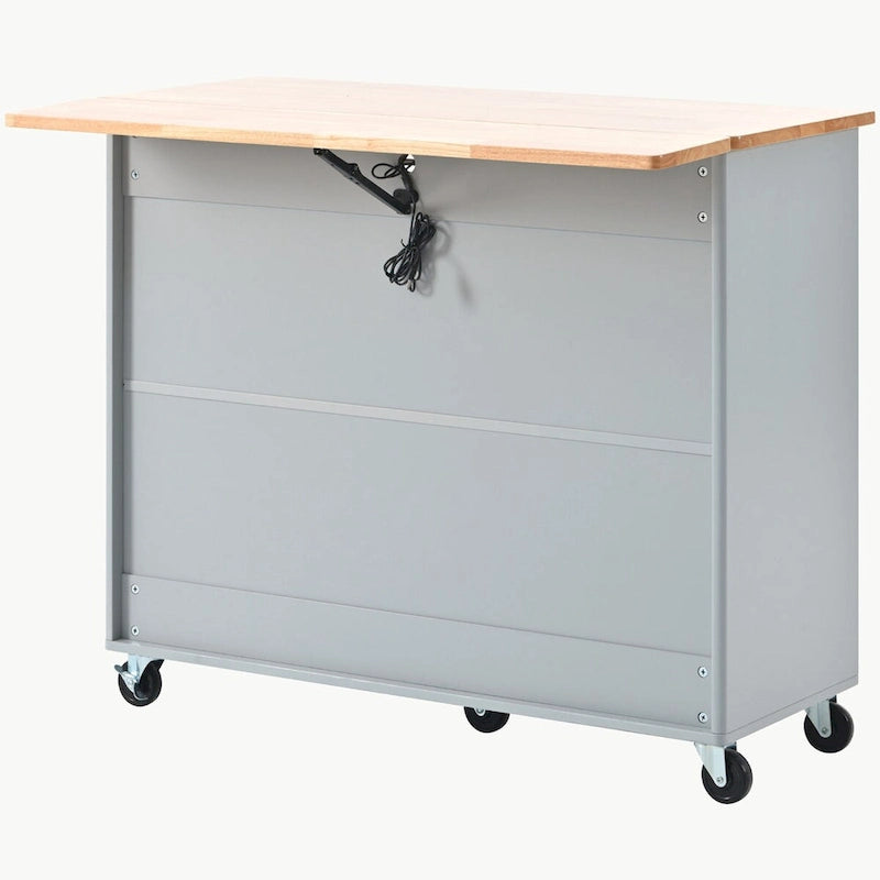 Carrello isola da cucina con piano a ribalta, illuminazione LED e ante in vetro scanalato su ruote