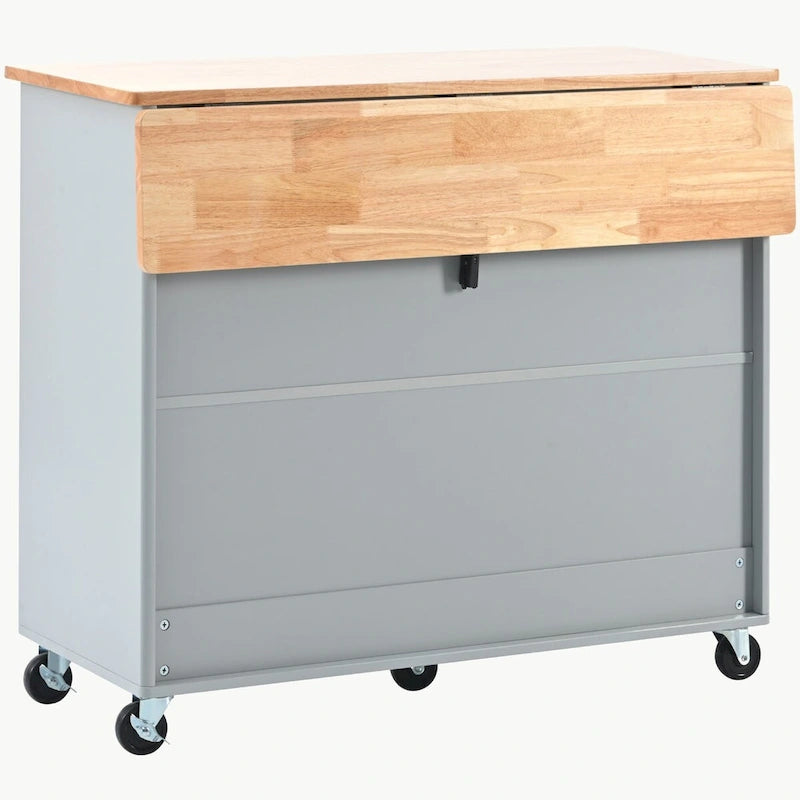 Carrello isola da cucina con piano a ribalta, illuminazione LED e ante in vetro scanalato su ruote