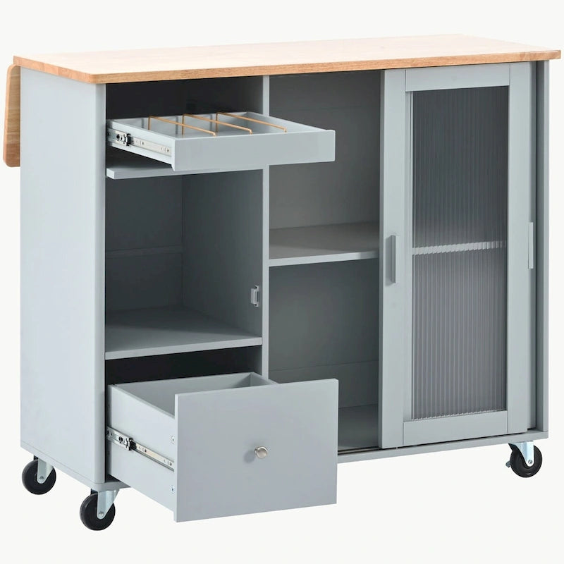Carrello isola da cucina con piano a ribalta, illuminazione LED e ante in vetro scanalato su ruote