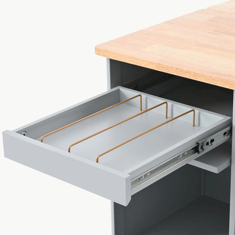 Carrello isola da cucina con piano a ribalta, illuminazione LED e ante in vetro scanalato su ruote