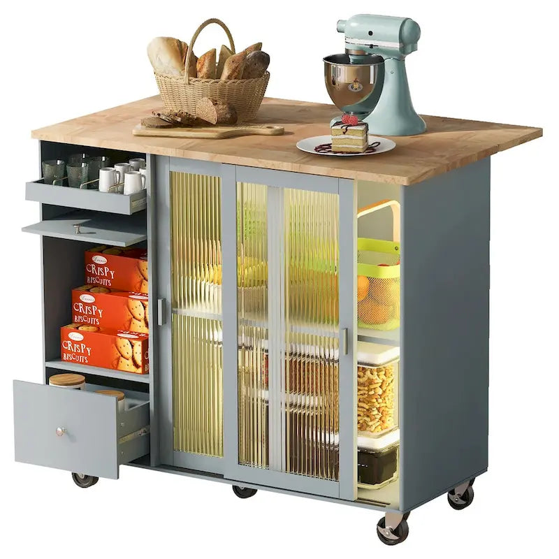 Carrello isola da cucina con piano a ribalta, illuminazione LED e ante in vetro scanalato su ruote