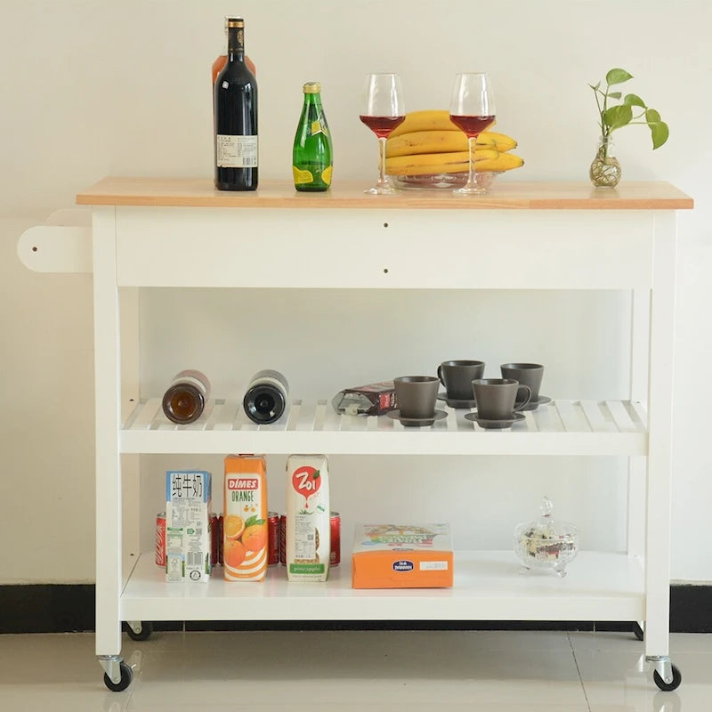 Isola e carrello da cucina dal design semplice, doppi ripiani espositivi e 2 cassetti con piano in legno