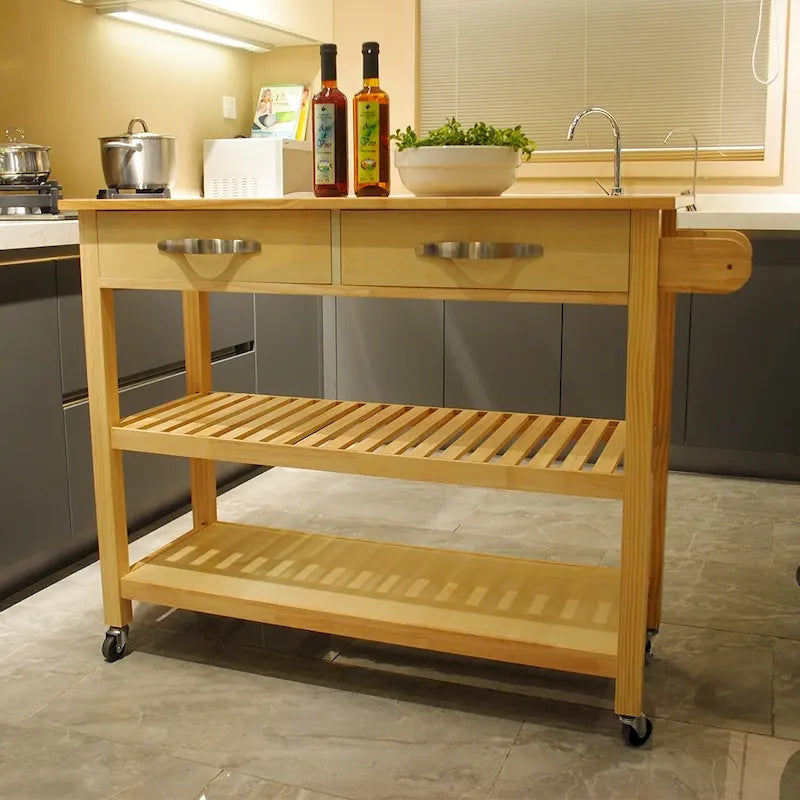 Kücheninsel und -wagen im schlichten Design, zwei offene Ablagefächer und 2 Schubladen, Holzplatte