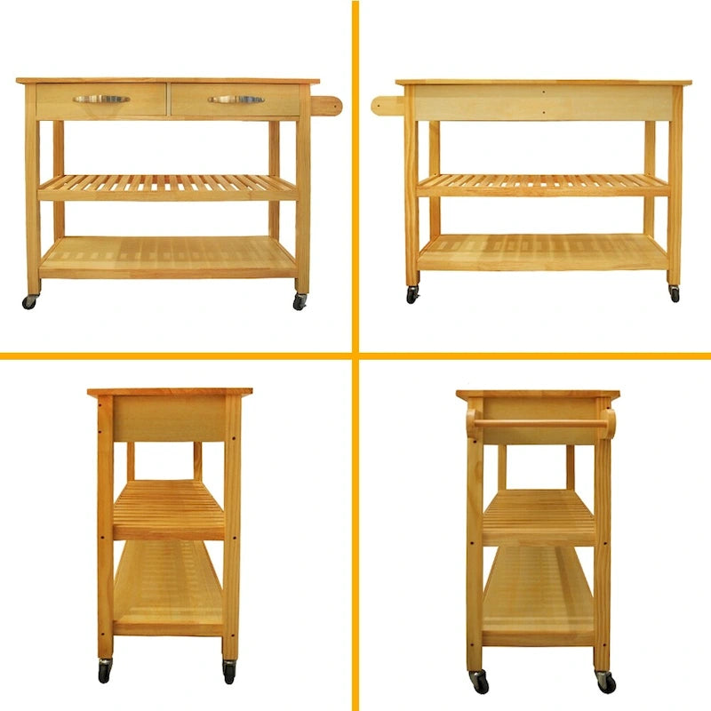 Kücheninsel und -wagen im schlichten Design, zwei offene Ablagefächer und 2 Schubladen, Holzplatte