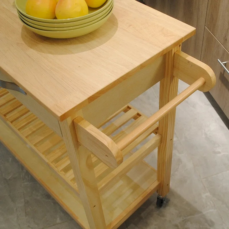 Kücheninsel und -wagen im schlichten Design, zwei offene Ablagefächer und 2 Schubladen, Holzplatte
