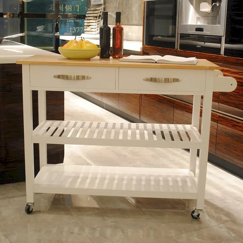 Isola e carrello da cucina dal design semplice, doppi ripiani espositivi e 2 cassetti con piano in legno