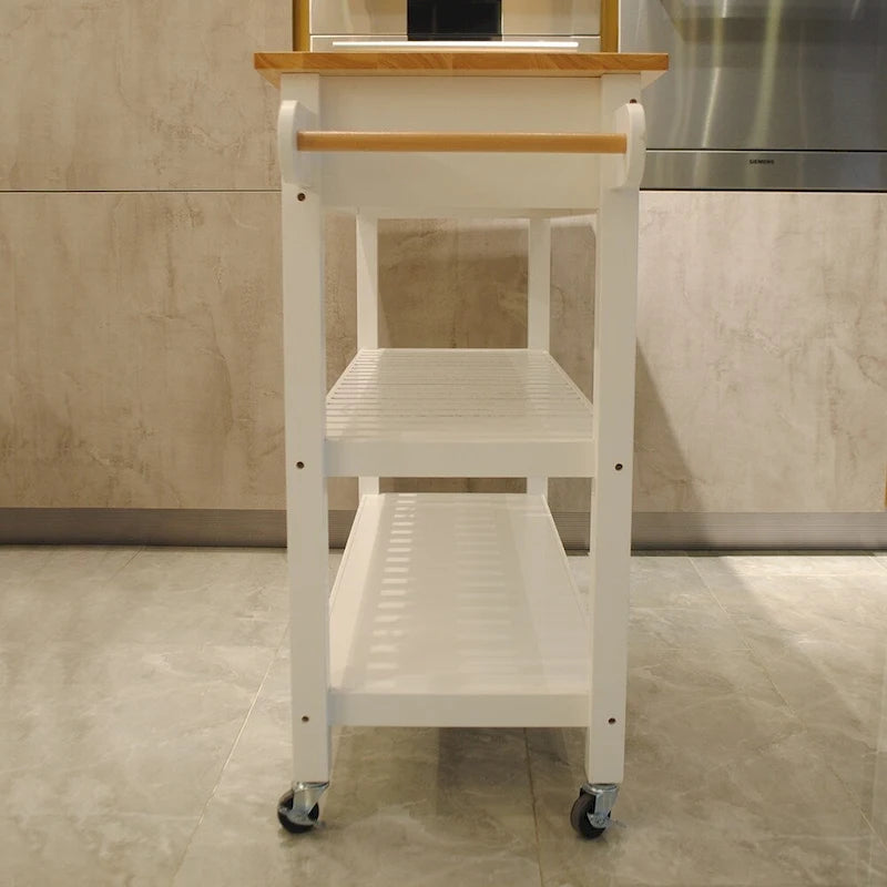 Isola e carrello da cucina dal design semplice, doppi ripiani espositivi e 2 cassetti con piano in legno
