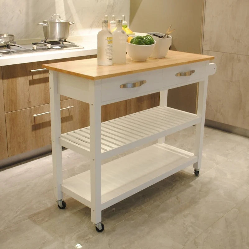 Isola e carrello da cucina dal design semplice, doppi ripiani espositivi e 2 cassetti con piano in legno