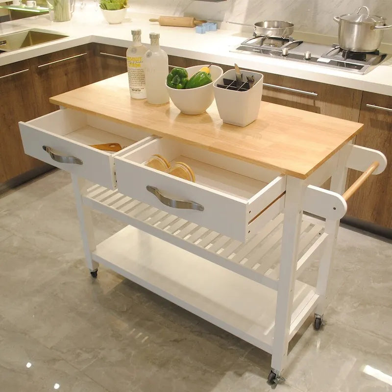 Isola e carrello da cucina dal design semplice, doppi ripiani espositivi e 2 cassetti con piano in legno