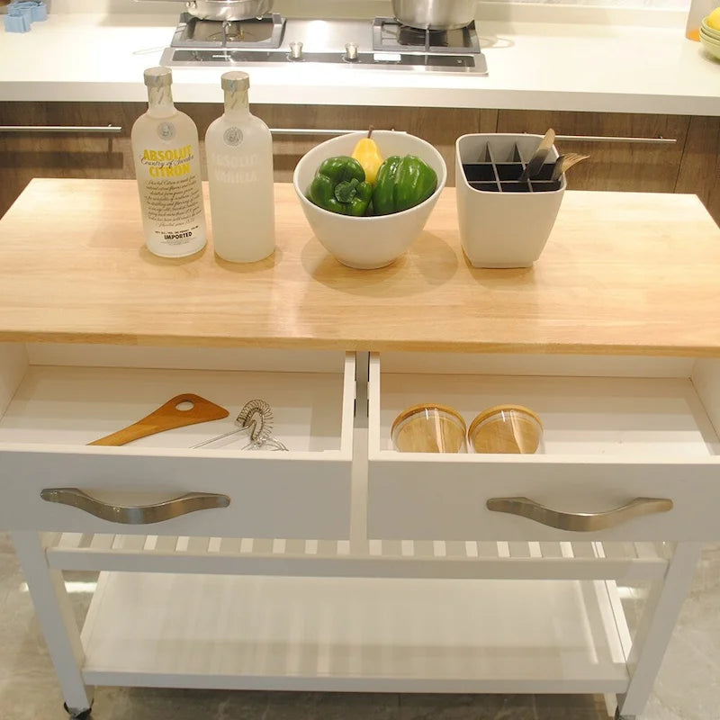 Isola e carrello da cucina dal design semplice, doppi ripiani espositivi e 2 cassetti con piano in legno