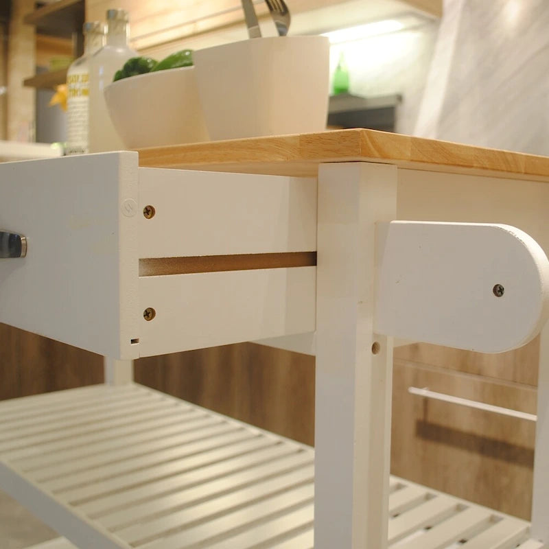 Isola e carrello da cucina dal design semplice, doppi ripiani espositivi e 2 cassetti con piano in legno