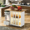 Carrello isola da cucina con piano ribaltabile, illuminazione LED, ante in vetro scanalato, ripiano regolabile e due cassetti