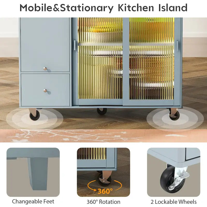 Carrello isola da cucina con piano ribaltabile, illuminazione LED, ante in vetro scanalato, ripiano regolabile e due cassetti
