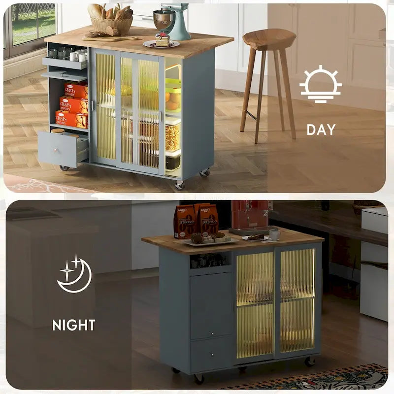 Carrello isola da cucina con piano ribaltabile, illuminazione LED, ante in vetro scanalato, ripiano regolabile e due cassetti