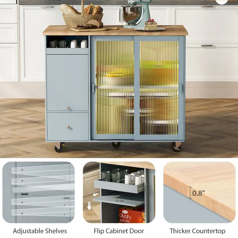 Carrello isola da cucina con piano ribaltabile, illuminazione LED, ante in vetro scanalato, ripiano regolabile e due cassetti
