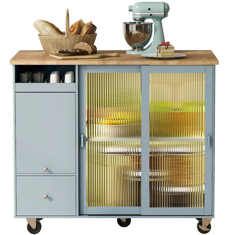 Carrello isola da cucina con piano ribaltabile, illuminazione LED, ante in vetro scanalato, ripiano regolabile e due cassetti