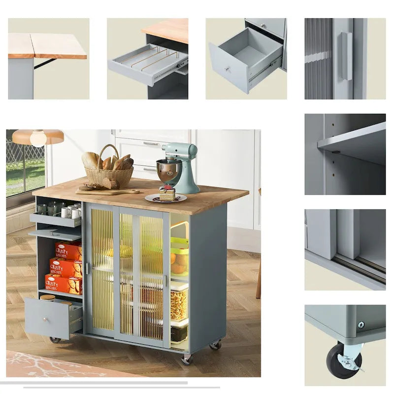 Carrello isola da cucina con piano ribaltabile, illuminazione LED, ante in vetro scanalato, ripiano regolabile e due cassetti