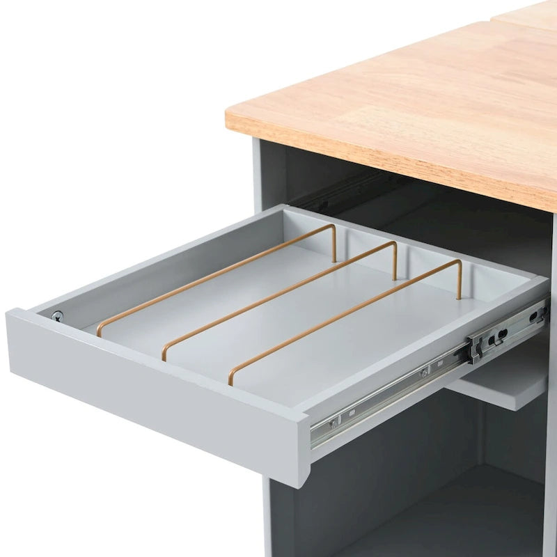 Carrello isola da cucina con piano ribaltabile, illuminazione LED, ante in vetro scanalato, ripiano regolabile e due cassetti
