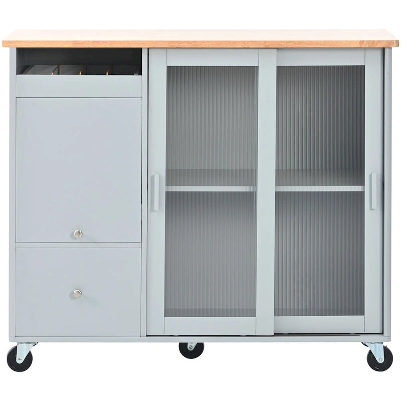 Carrello isola da cucina con piano ribaltabile, illuminazione LED, ante in vetro scanalato, ripiano regolabile e due cassetti