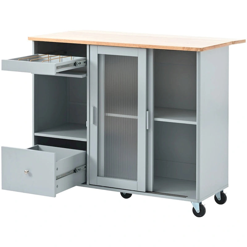 Carrello isola da cucina con piano ribaltabile, illuminazione LED, ante in vetro scanalato, ripiano regolabile e due cassetti