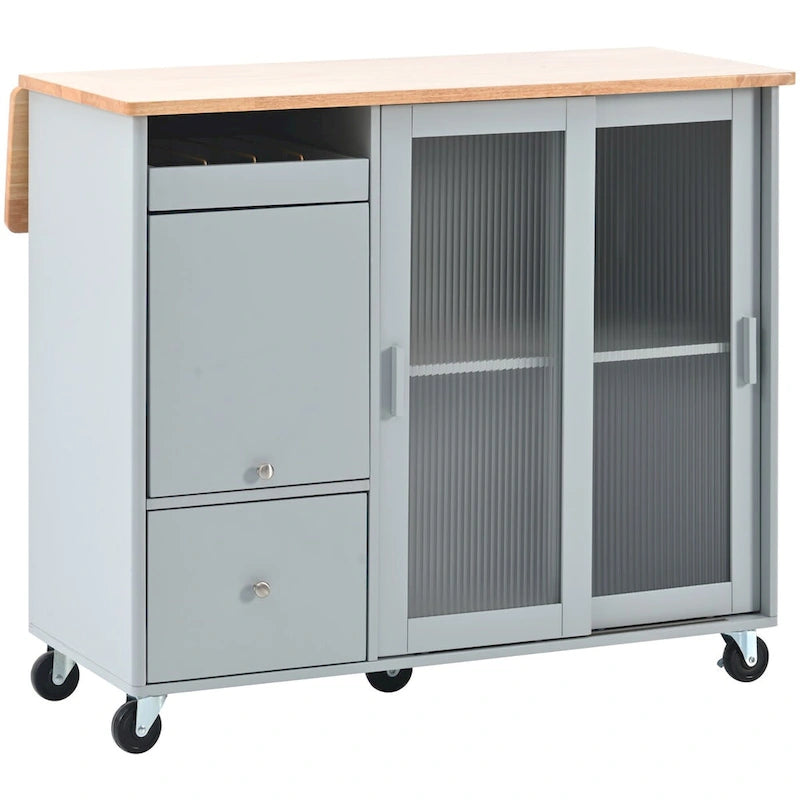 Carrello isola da cucina con piano ribaltabile, illuminazione LED, ante in vetro scanalato, ripiano regolabile e due cassetti