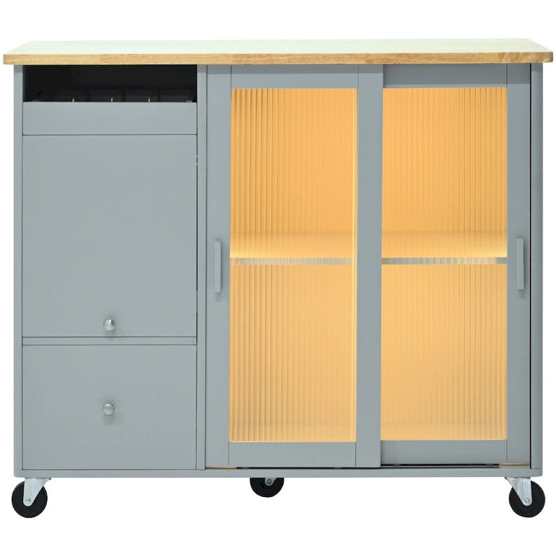 Carrello isola da cucina con piano ribaltabile, illuminazione LED, ante in vetro scanalato, ripiano regolabile e due cassetti