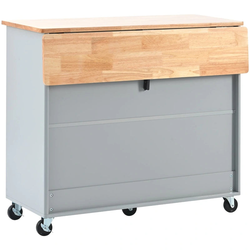 Carrello isola da cucina con piano ribaltabile, illuminazione LED, ante in vetro scanalato, ripiano regolabile e due cassetti
