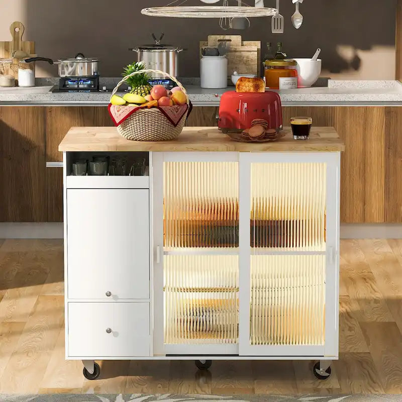 Carrello isola da cucina con piano ribaltabile, illuminazione LED, ante in vetro scanalato, ripiano regolabile e due cassetti