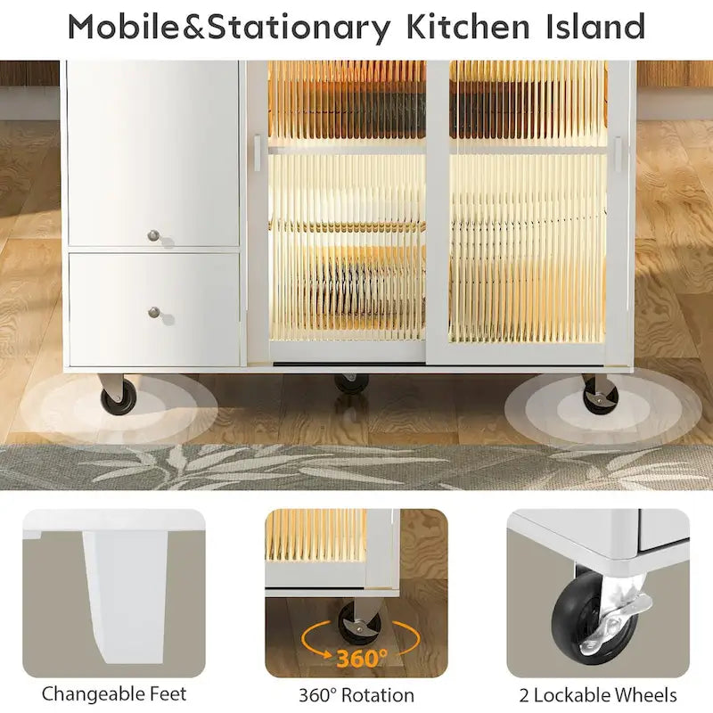 Carrello isola da cucina con piano ribaltabile, illuminazione LED, ante in vetro scanalato, ripiano regolabile e due cassetti