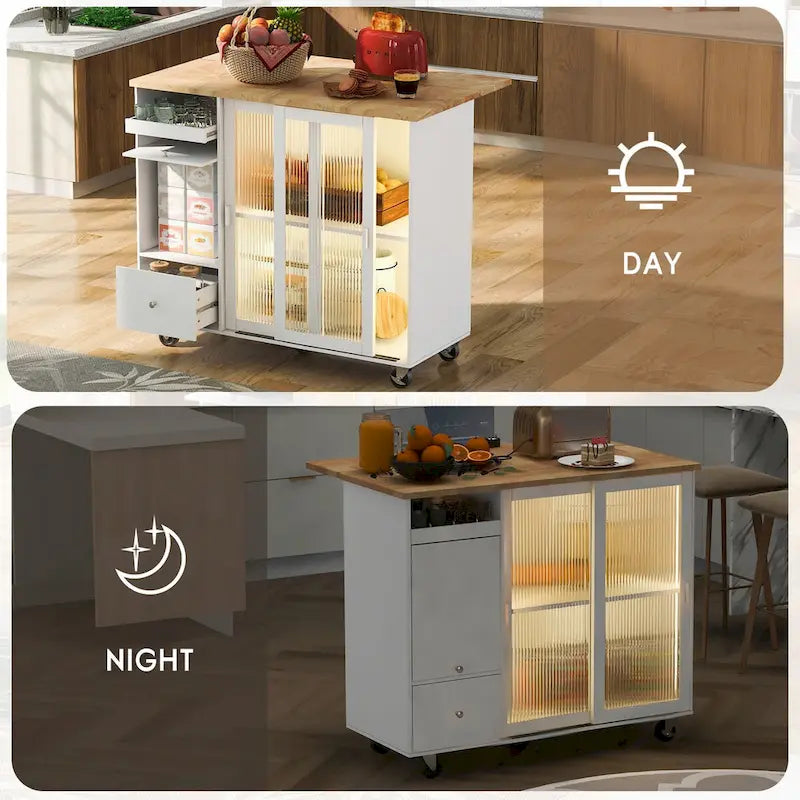 Carrello isola da cucina con piano ribaltabile, illuminazione LED, ante in vetro scanalato, ripiano regolabile e due cassetti
