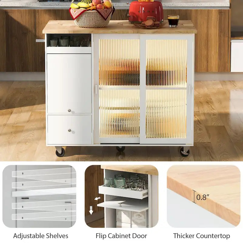 Carrello isola da cucina con piano ribaltabile, illuminazione LED, ante in vetro scanalato, ripiano regolabile e due cassetti