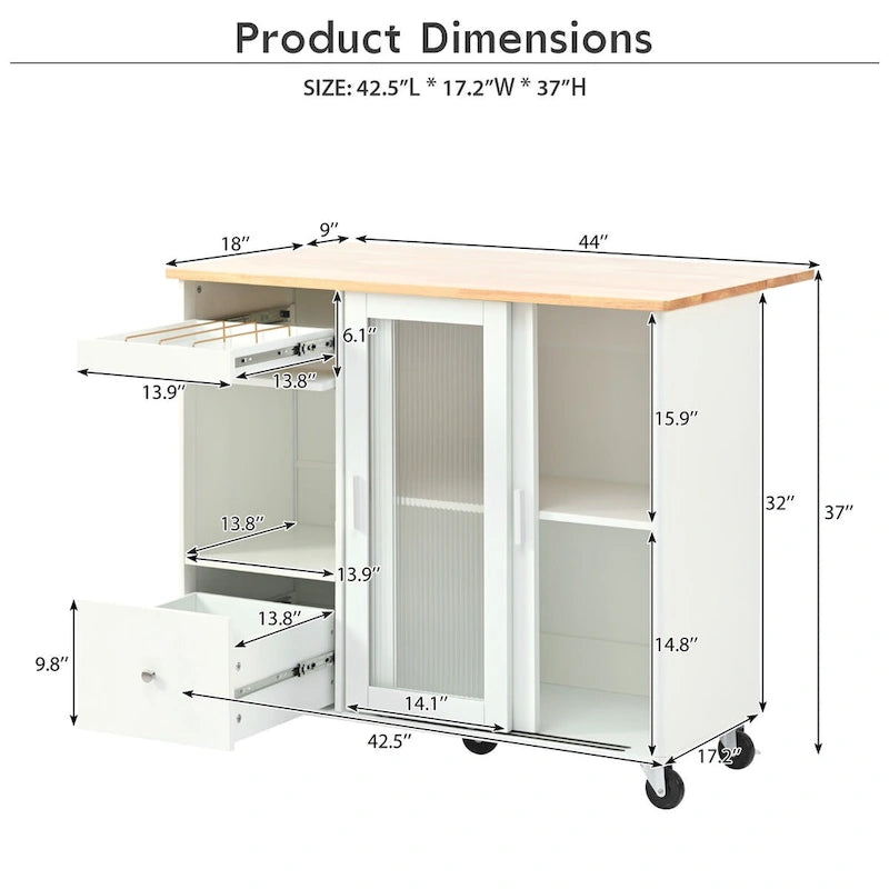 Carrello isola da cucina con piano ribaltabile, illuminazione LED, ante in vetro scanalato, ripiano regolabile e due cassetti