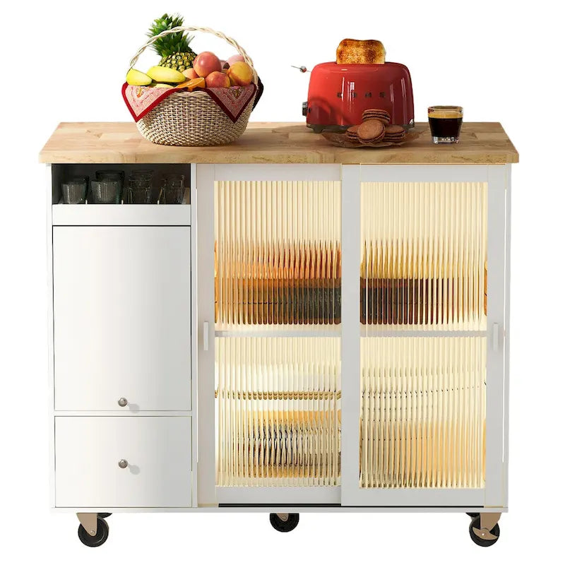 Carrello isola da cucina con piano ribaltabile, illuminazione LED, ante in vetro scanalato, ripiano regolabile e due cassetti